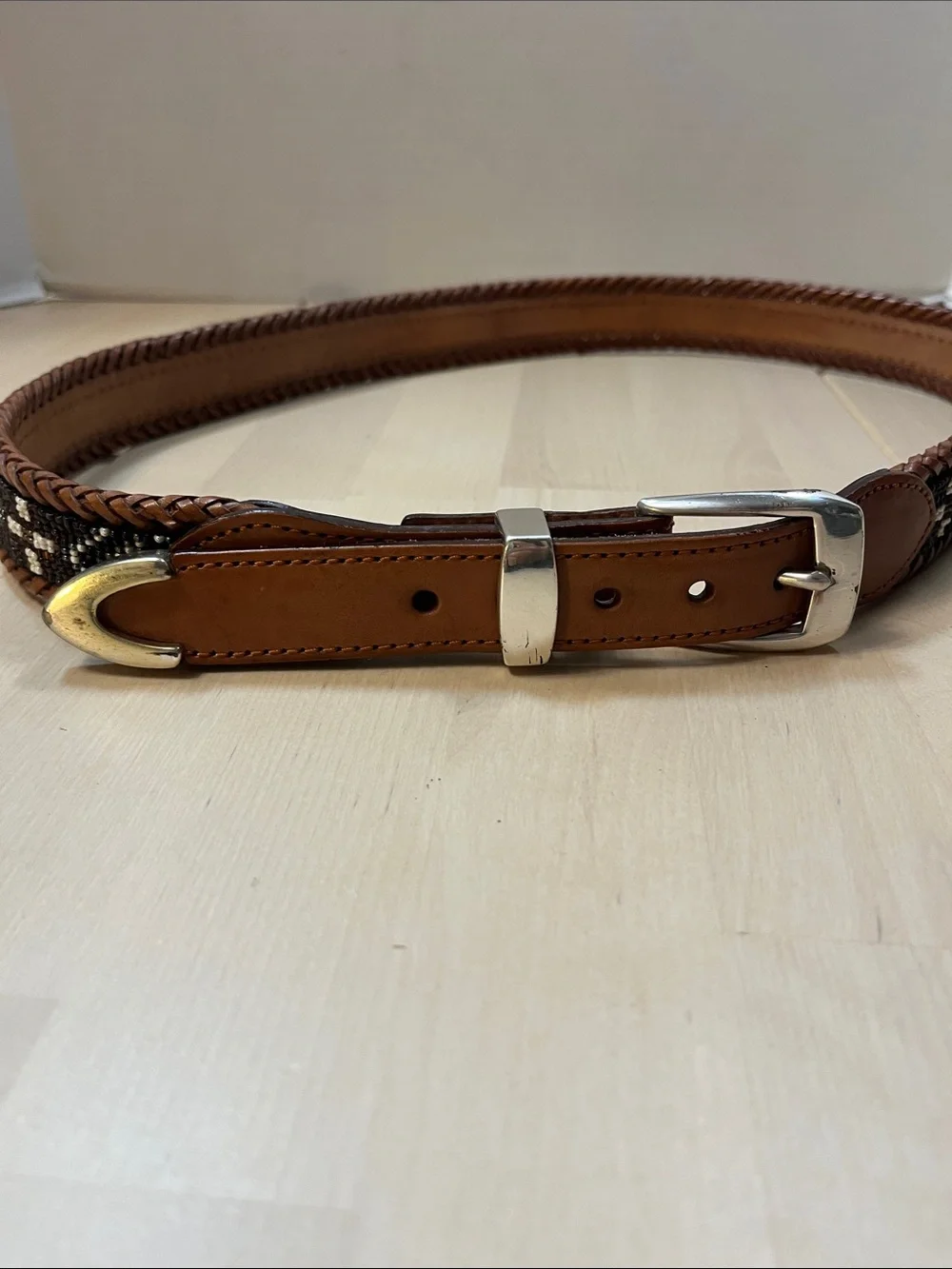 Brown Leather & Decorative Beaded Belt w/ Silver Hardware Men’s Size 38